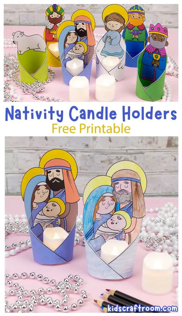 Eight 3D nativity character tea light holders overlaid with text saying "Nativity Candle Holders Free Printable".