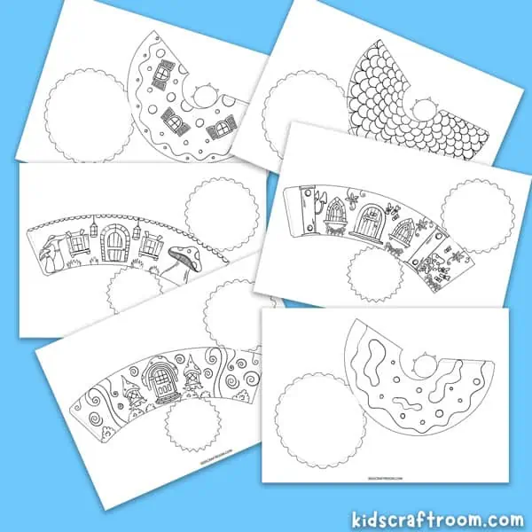 6 printable elf house coloring pages.
