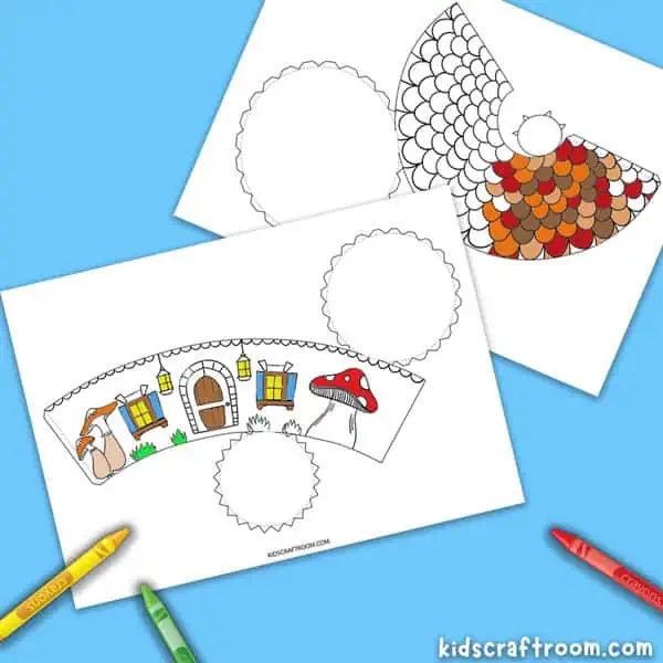 An elf house and elf house roof coloring page partly colored with wax crayons.