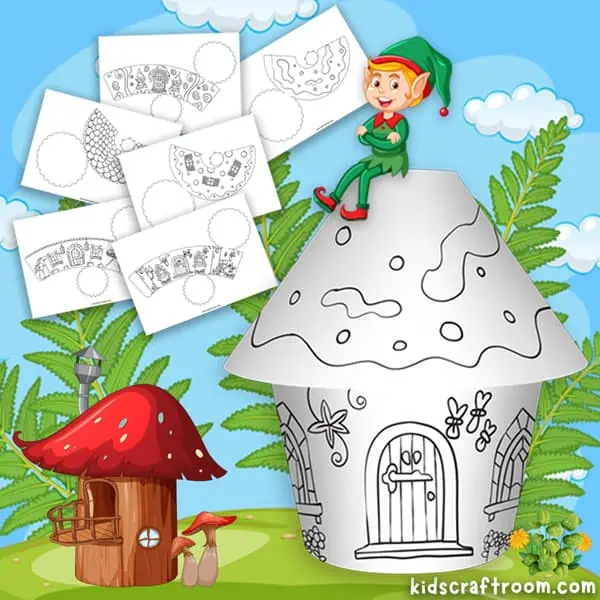 A completed elf house craft in the foreground and 6 sheets of elf house coloring page templates in the background.