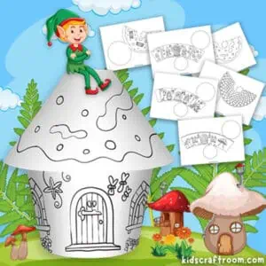 3D Paper Elf House Coloring Craft (Free Printable)