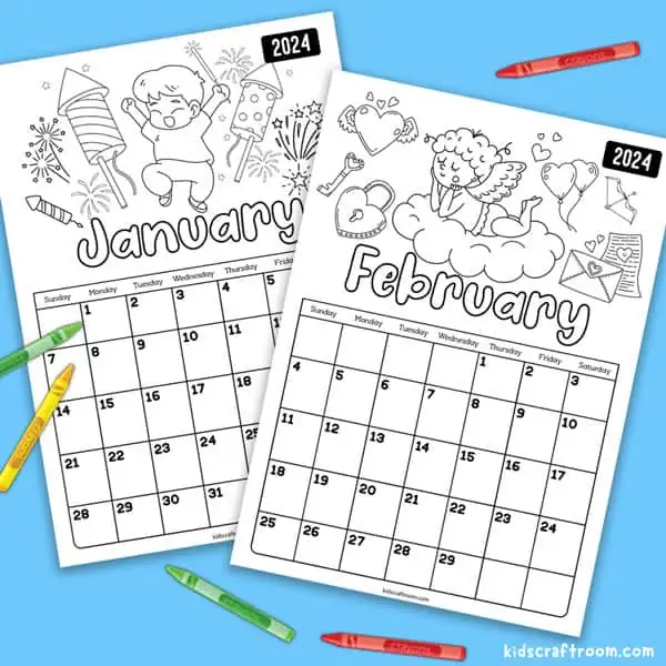 A close up of the January and February calendar pages.