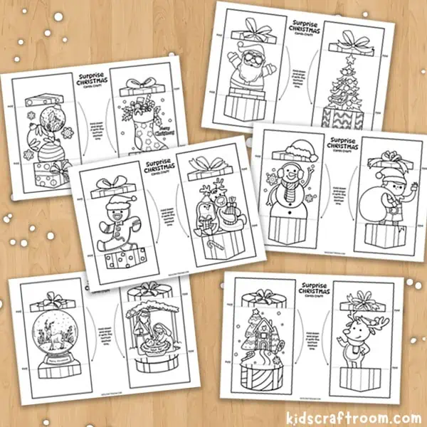 6 printable christmas card coloring sheets.Each sheet features 2 different card designs.