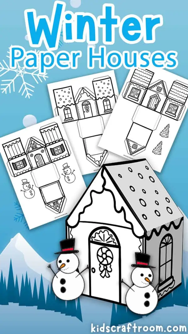 3 paper house templates fanned on a blue background. In the foreground there is a built 3D winter paper house with a snowman on either side of the door.