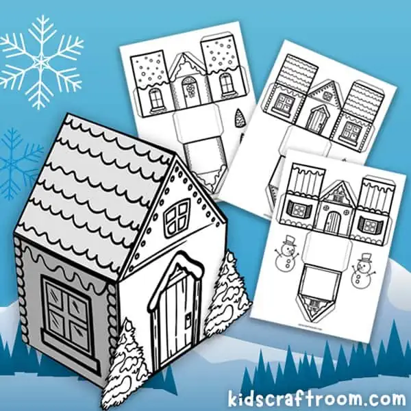 Three winter paper house templates on a blue background. In the foreground there is a built 3D winter paper house with a tiled roof, square windows and Christmas trees on either side of the door.
