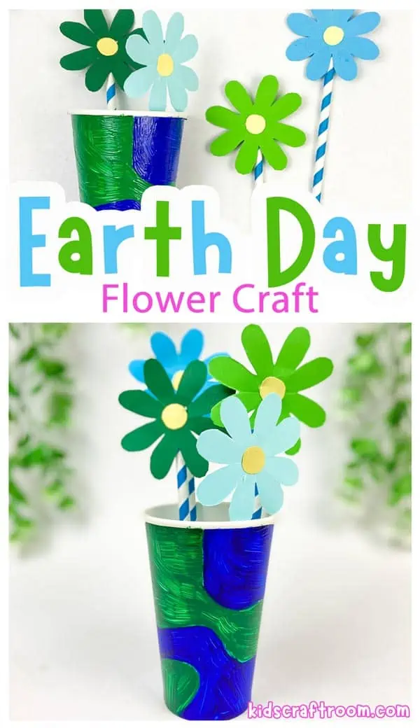 A vase of flowers for Earth Day. Made of recycled paper scraps and paper cups.