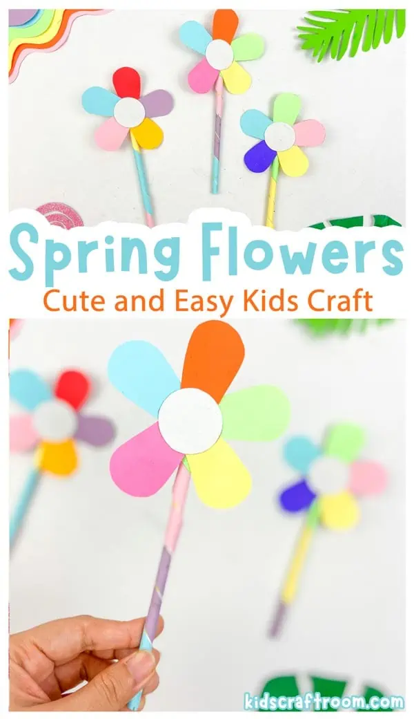 A collage of paper spring flower crafts for kids. some are lying on a white surface and one is being held in a hand. They each have paper petals in lots of different colors and colorful paper wrapped stems.