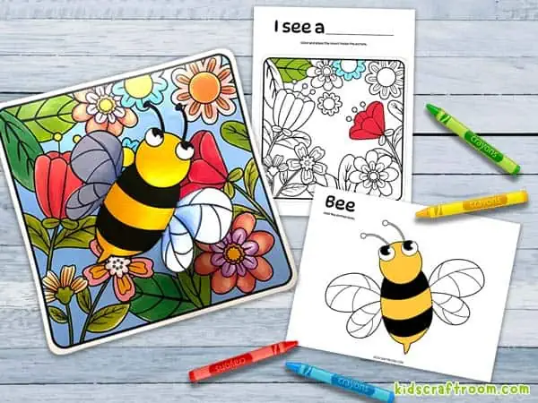 A close up of free 3D Bee Coloring Pages. Featuring the background sheet the bee sheet and a completed 3D craft.