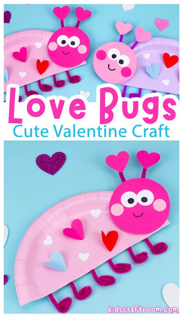 A pink love bug craft made from a paper plate and decorated with paper hearts.