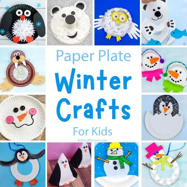 A collage of 12 different paper plate winter crafts for kids overlaid with text.