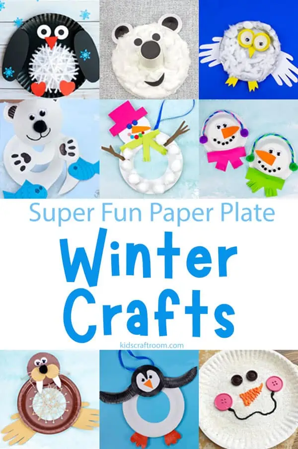 A collage of 9 different paper plate winter crafts for kids overlaid with text.