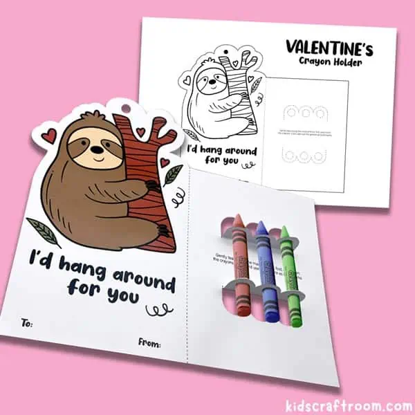 A close up of a free printable coloring card crayon holder featuring a sloth.