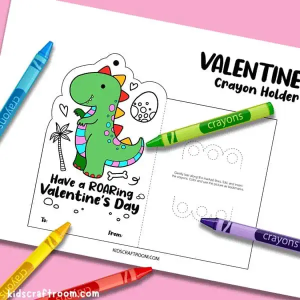 A close up of a free printable coloring card crayon holder featuring a dinosaur.