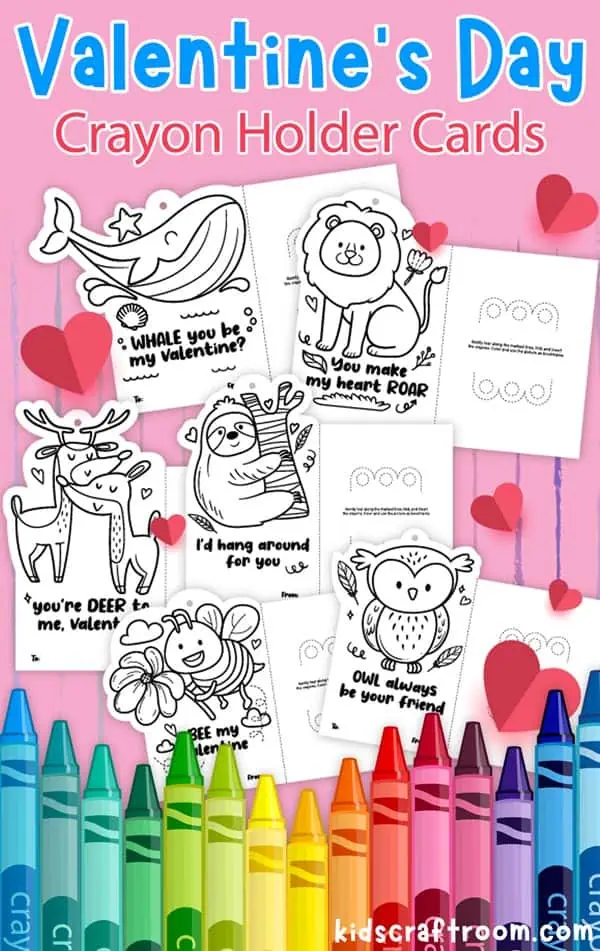 A selection of free printable coloring card crayon holders on a pink background and surrounded by hearts and wax crayons.