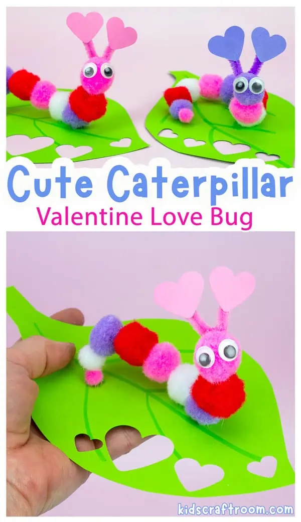 A collage of two Easy Caterpillar Valentine Craft For Kids. The top is of 2 little caterpillar crafts side by side. The bottom is of a pink caterpillar on a leaf that is being held in someone's hand. 