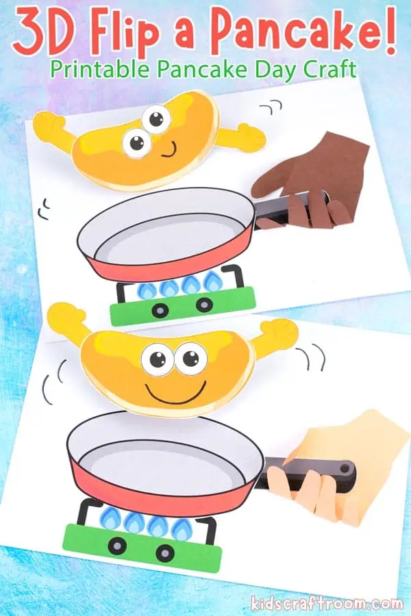 2 3d pancake crafts showing paper pancakes being flipped out of red paper frying pans. One pan is being held by a light colored hand and the other by a dark colored hand.