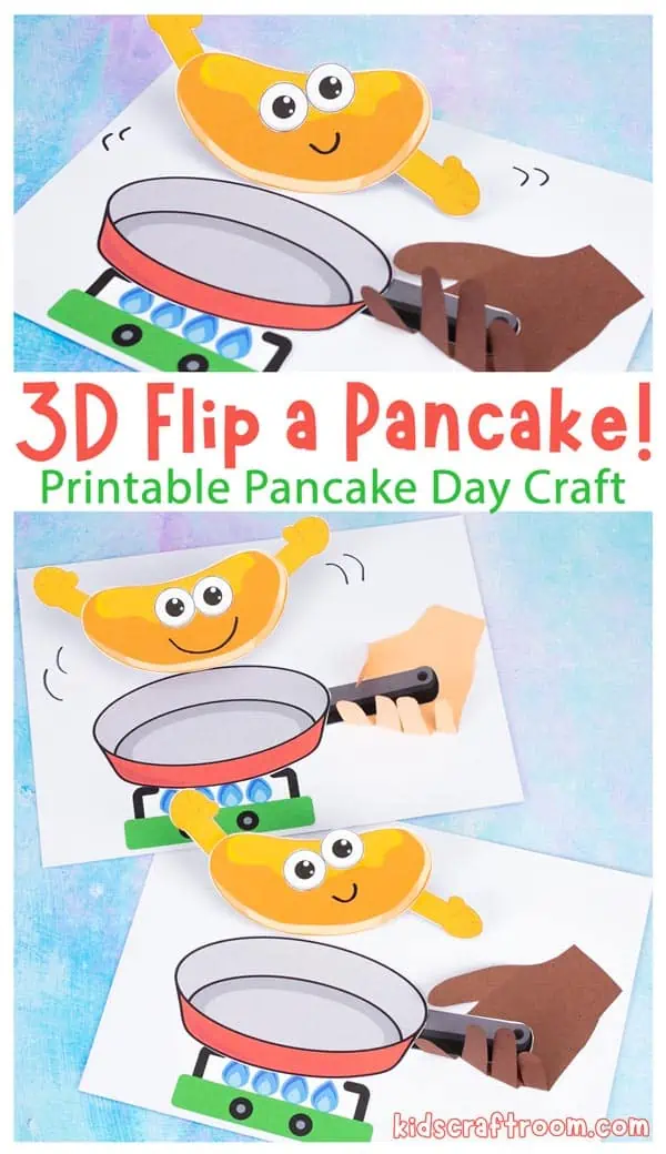 A collage of 3D Pancake Day Crafts for kids overlaid with text "3D Flip a Pancake! Printable Pancake Day Craft".